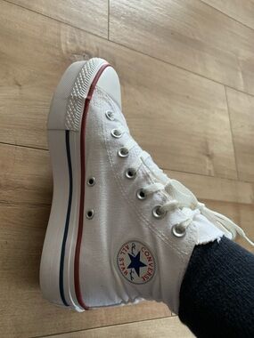 Converse White High Top Platform Sneakers with Red and Blue Trim